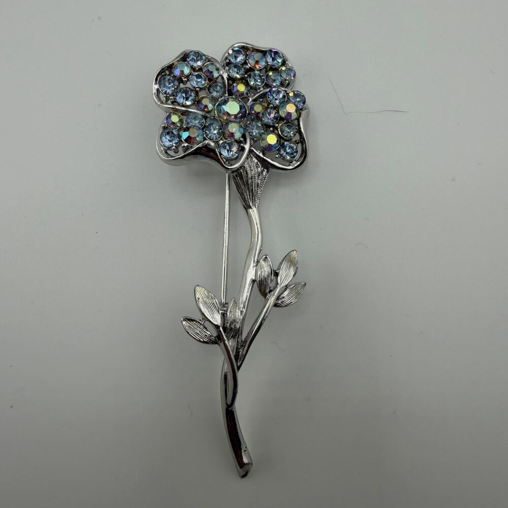 Vintage Coro Aurora Borealis AB Rhinestones Leaf Poppy Flower Floral Pin Brooch